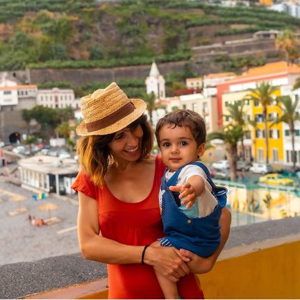 A mother and son enjoying a sunny beach in Madeira