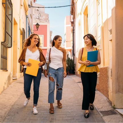 Three women holding books walk down a cobbled street