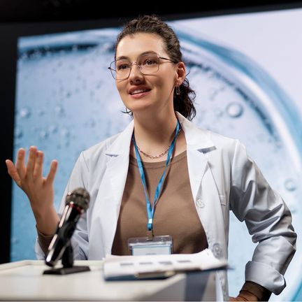 A woman in a lab coat speaking at a podium in front of a medical slide projection