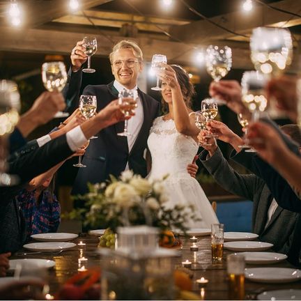 Guests raising a toast at a wedding reception
